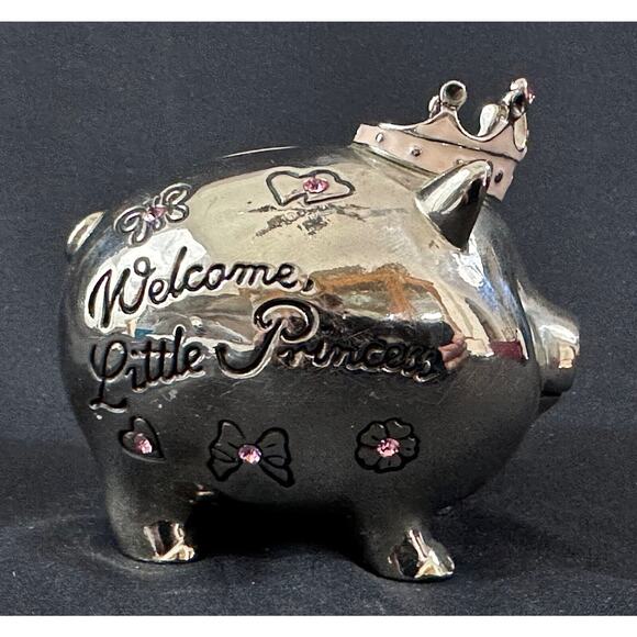 MUD PIE "Welcome Little Princess" Silver with Pink Jewels Vintage Piggy Bank - Picture 5 of 12